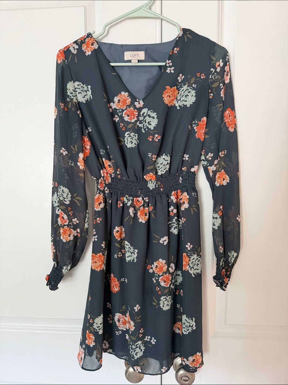 LOFT Navy Floral V-Neck Long Sheer Sleeve Dress with Coral and Mint Flowers